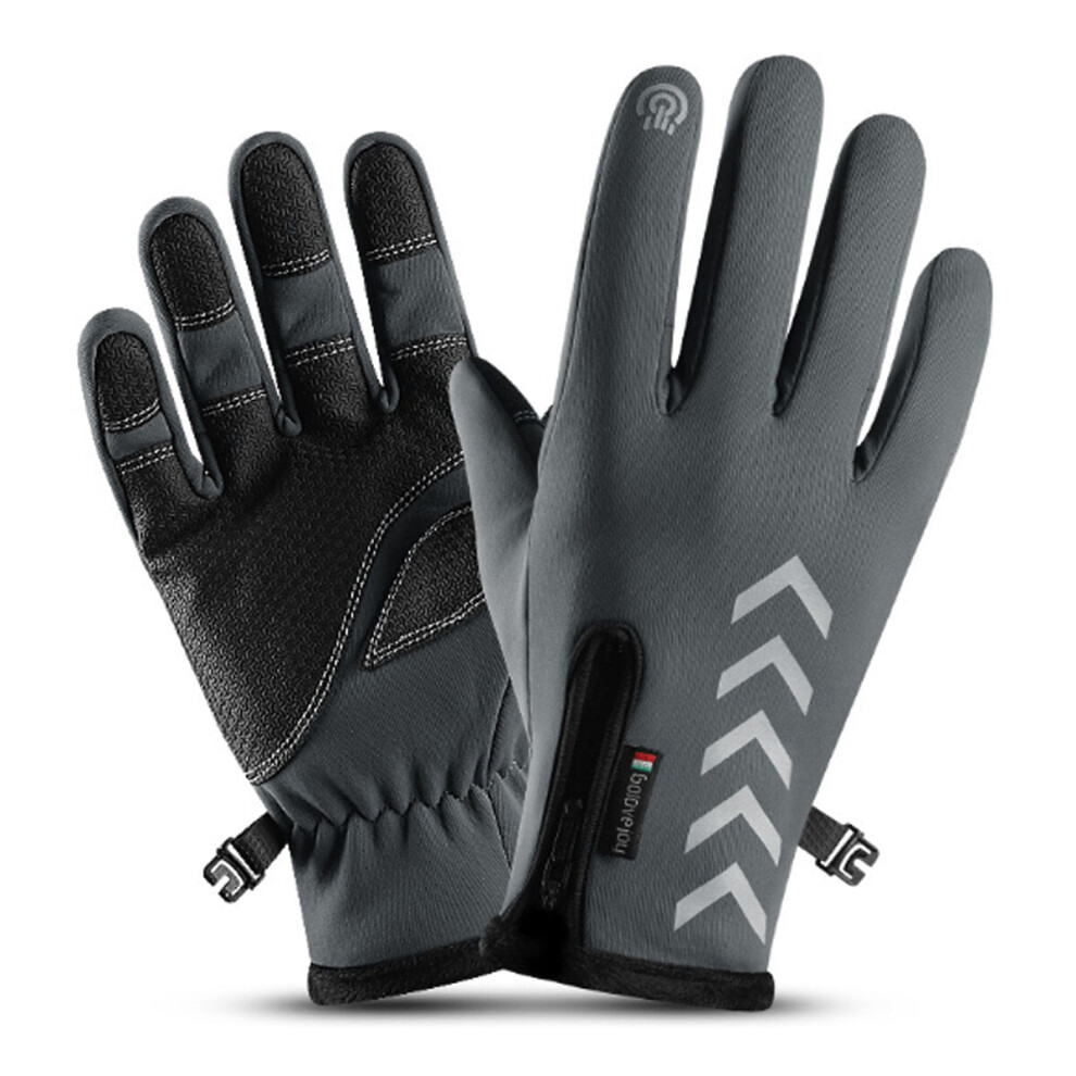 (Gray, XL) Winter Warm Touch Screen Full Finger Gloves Reflective Strip Windproof Anti Slip Cycling Thermal Bike Glove