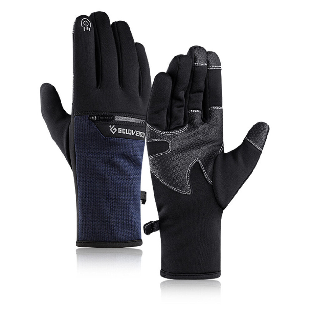 (Navy, M) Outdoor Sports Non-slip Winter Warmth Ski Glove With Zipper Pocket For Men Women Waterproof Touchscreen Riding Gloves