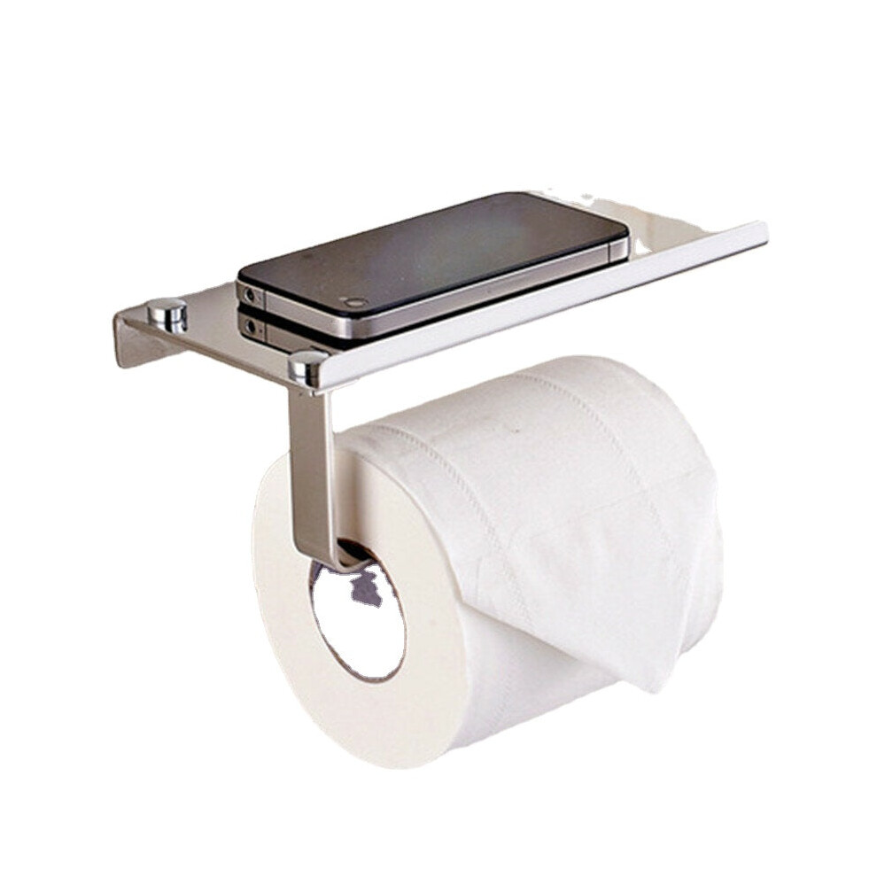 (Silver) Wall Mounted Bathroom Toilet Paper With Phone Holder Rack Tissue Roll Stand Home