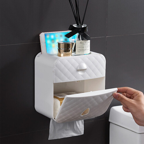 (White) Waterproof Wall-mounted Tissue Box Multi-function Storage Toilet Paper Shelf Holder Bathroom Accessories 2