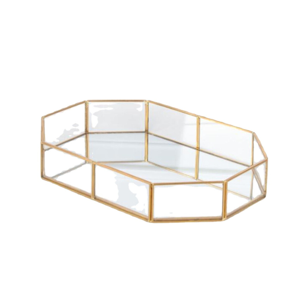 (M) 2 Size Mirror Glass Tray Octagon Cosmetic Makeup Desktop Organizer Jewelry Display Stand Holder