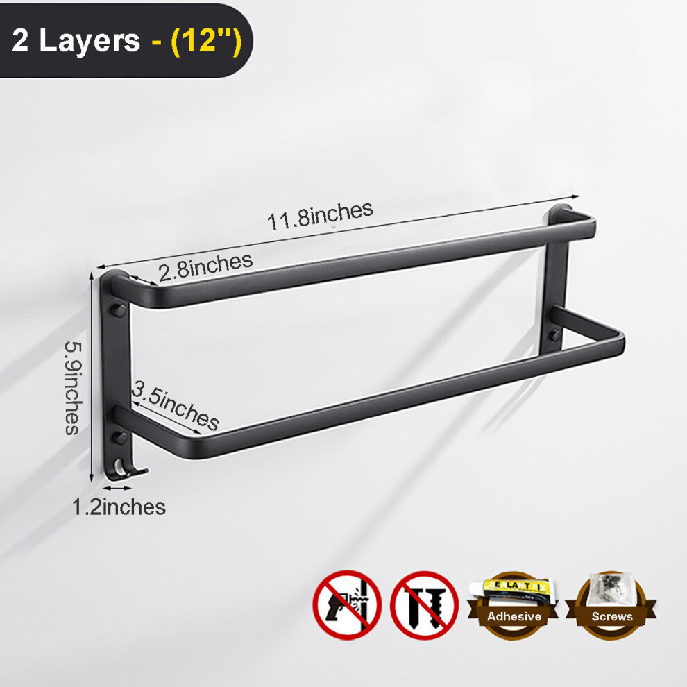 (2, 12Inches) Towel Hanger Wall Mounted 30-50 CM Towel Rack Bathroom Aluminum Black Towel Bar