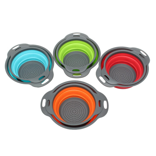 (Red) 2Pcs Set Collapsible Foldable Silicone Drain Colander Fruit Vegetable Strainer Basket 1