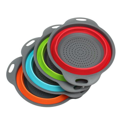 (Red) 2Pcs Set Collapsible Foldable Silicone Drain Colander Fruit Vegetable Strainer Basket 2