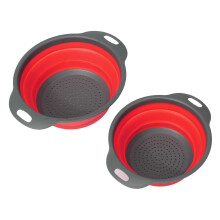 (Red) 2Pcs Set Collapsible Foldable Silicone Drain Colander Fruit Vegetable Strainer Basket
