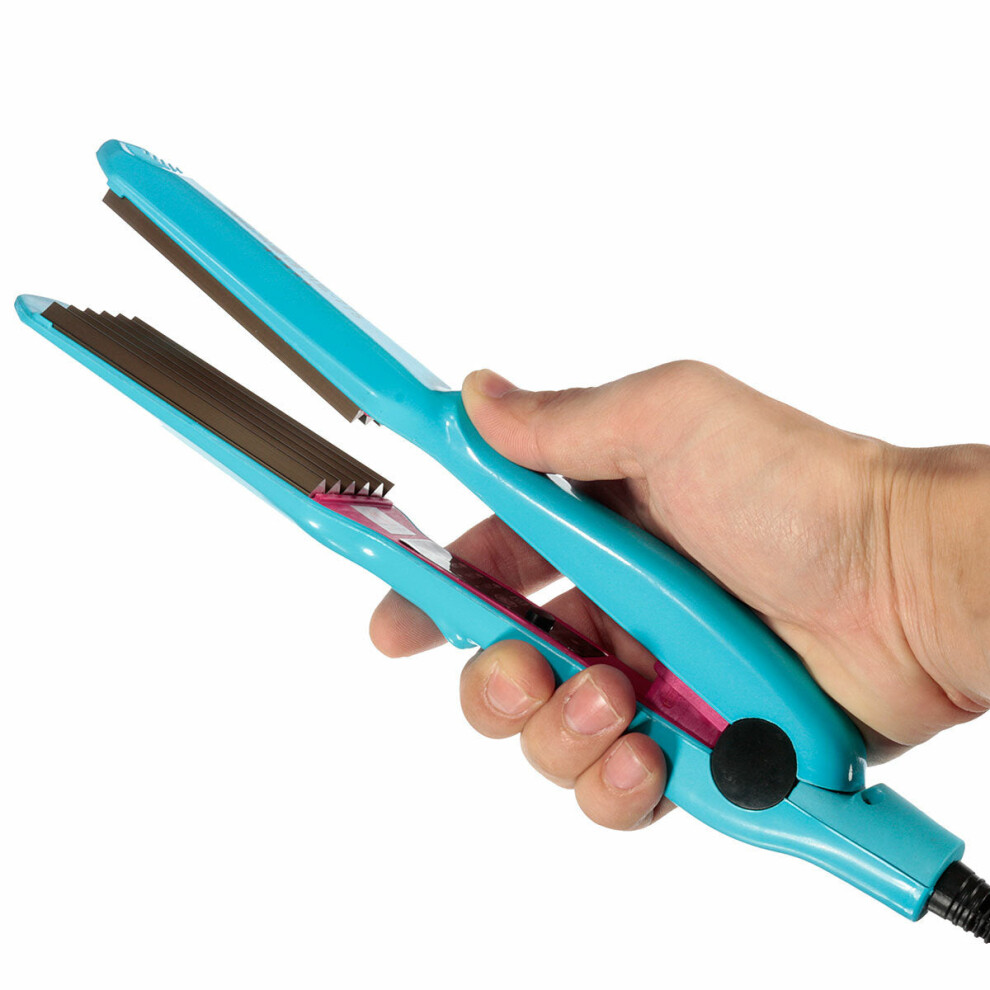 (Blue) Hair Crimper Curler Iron Anion Ceramic Wave Curling Wand with 5-Spped Temperature Control Hair Curler