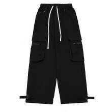 (S,Black)Men's Cargo Pants Cotton Drawstring Elastic Sweatpants
