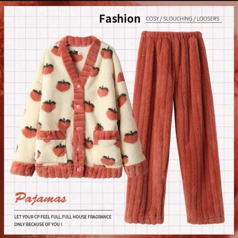 (XL, orange) Autumn Winter Kawaii Cartoon Pajama Sets Women Pyjamas Warm Flannel Loung Sleepwear Girl Pijama Mujer Night Suits Homewear Pj