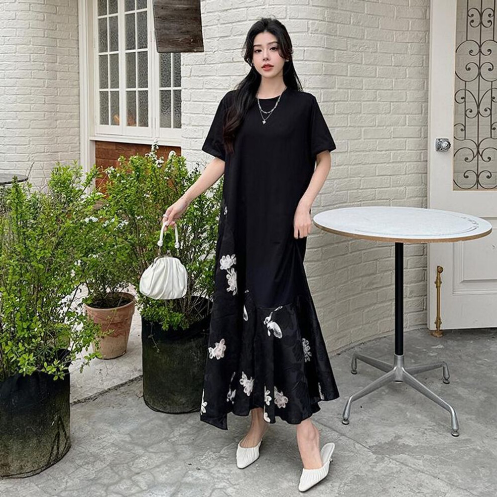 (black, 3XL) Dimanaf Plus Size 2024 Women Summer Oversize Vintage Lace Fake Two-piece Dress Loose Dress Long Casual Solid Dresses