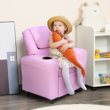HOMCOM Kids Recliner Chair w/ Cup Holder, PU Leather Children Lounger, Pink