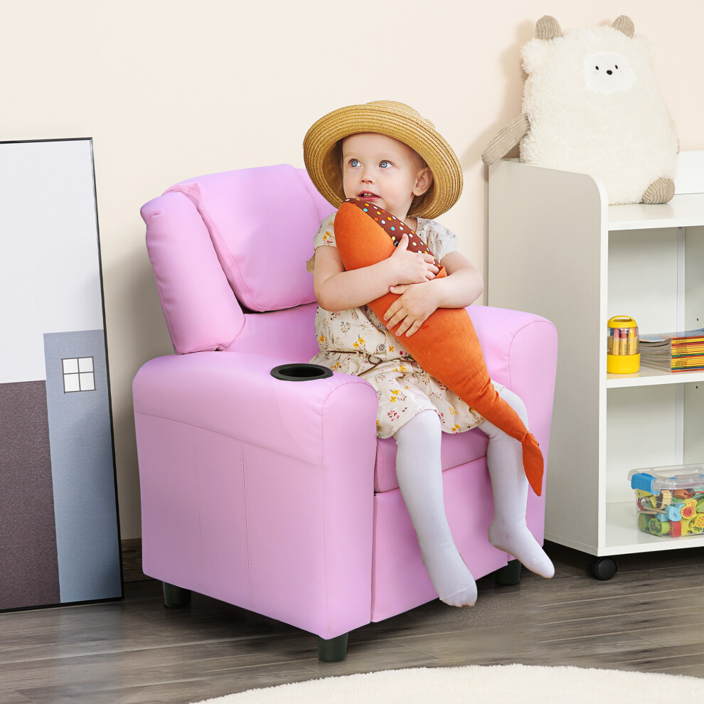 HOMCOM Kids Recliner Chair w/ Cup Holder, PU Leather Children Lounger, Pink