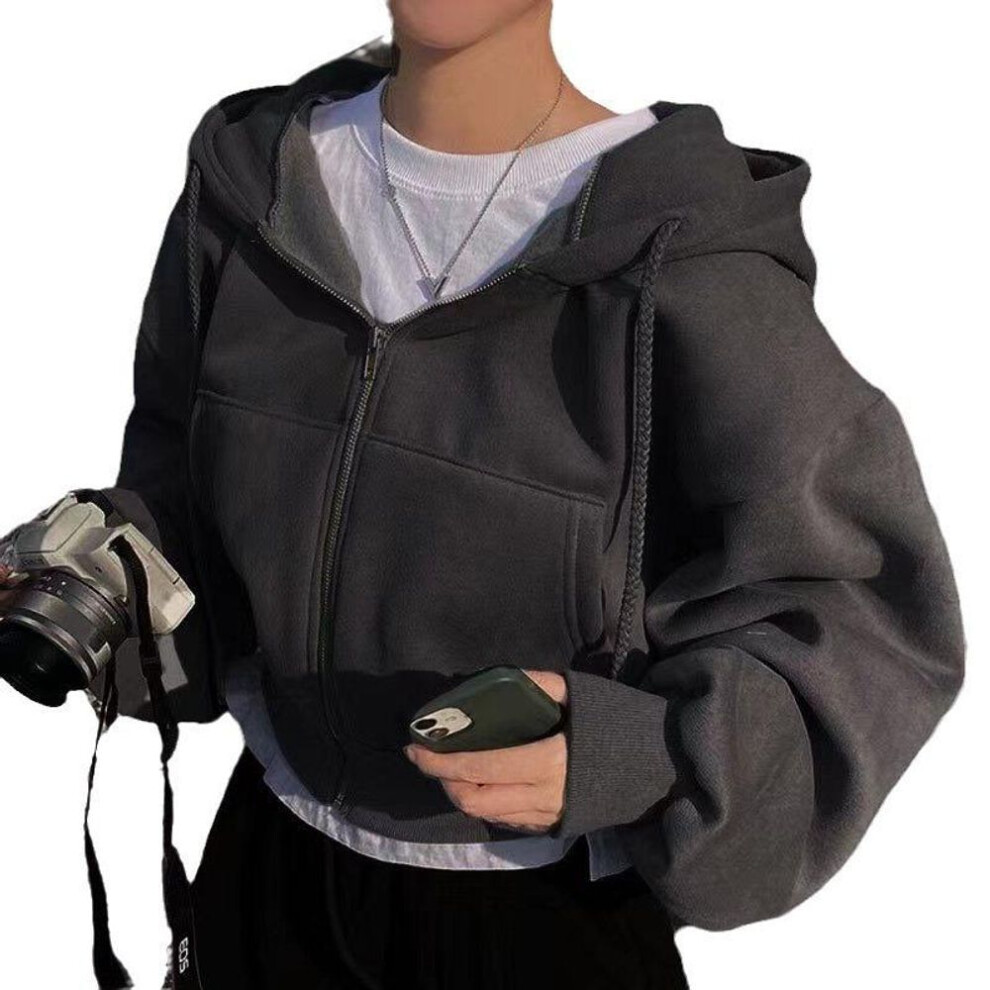 (S, black) 6 colors Solid Zip Up Drawstring Hoodie, Casual Long Sleeve Sweatshirt with Pocket, Women&apos;s Clothing