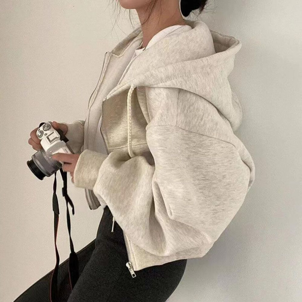 (L, beige) 6 colors Solid Zip Up Drawstring Hoodie, Casual Long Sleeve Sweatshirt with Pocket, Women&apos;s Clothing