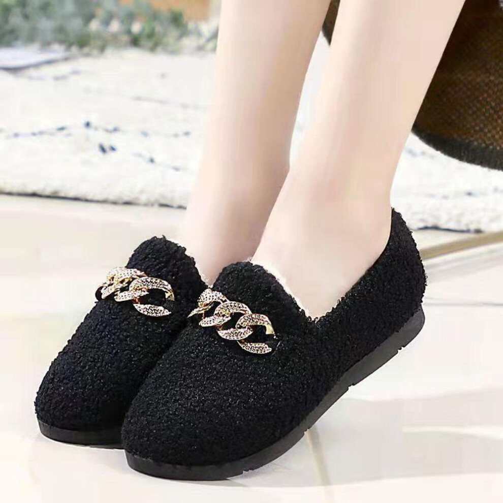 (black, 40) Womens Slippers Warm Short Plush Lining House Shoes Moccassins Slip On Fashion Lady Flats Loafers