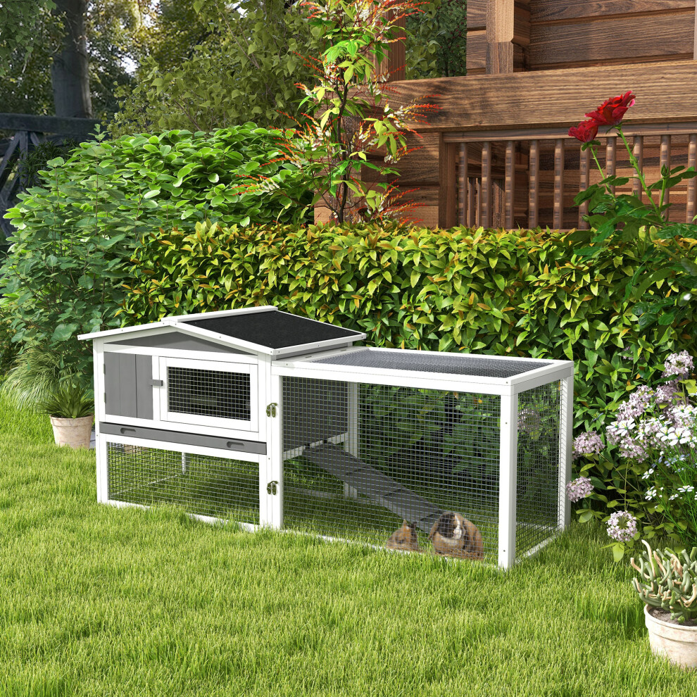 Pawhut Rabbit Hutch, Bunny Cage With Run & Sliding Tray, Hay Rack, Grey