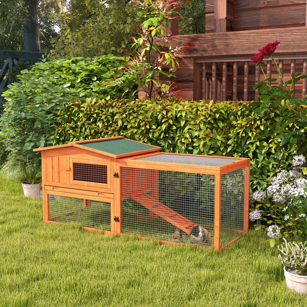 Pawhut Rabbit Hutch, Bunny Cage With Run & Sliding Tray, Hay Rack, Orange