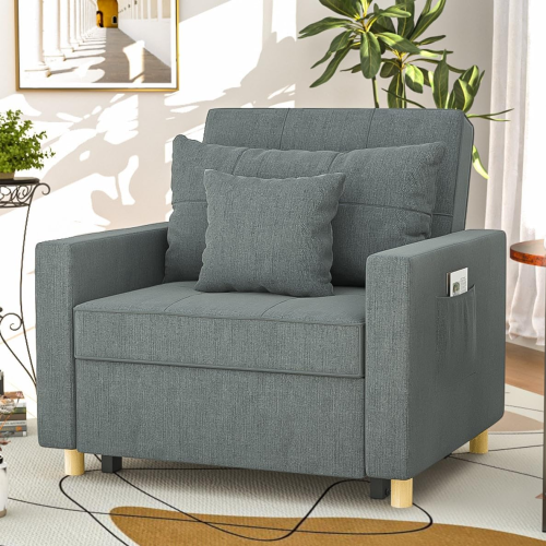 (Grey) YODOLLA Single Sofa Bed 3-in-1 Sleeper Chair Bed