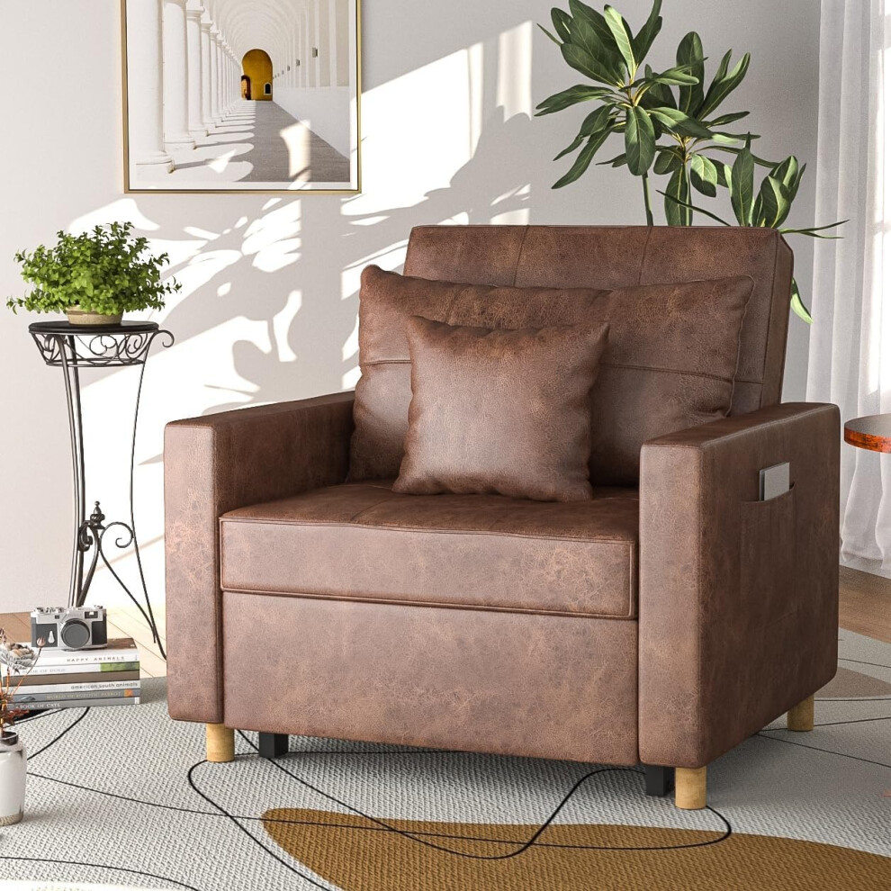 (Brown) YODOLLA Single Sofa Bed 3-in-1 Sleeper Chair Bed