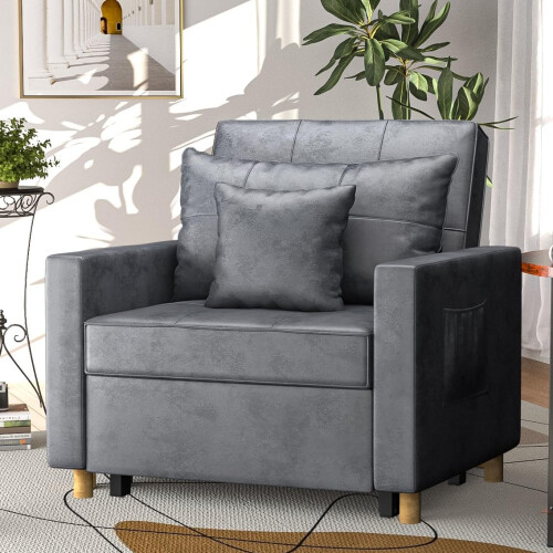 (Grey) YODOLLA Single Sofa Bed 3-in-1 Sleeper Chair Bed