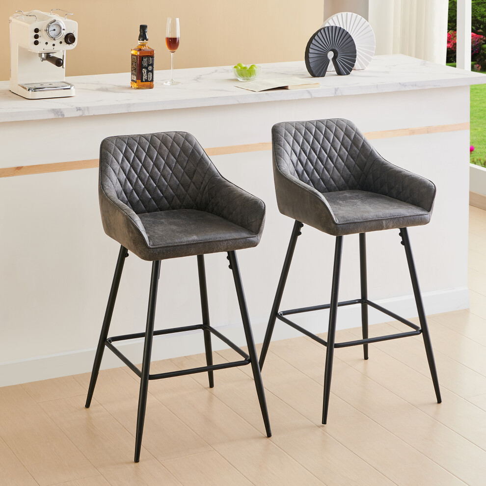 (Dark Grey(Suede), 2 Bar Stools) Bar Stool Breakfast High Counter Chair Pub Kitchen