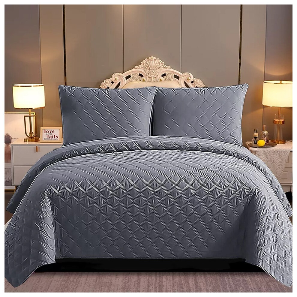 (Grey, Super King 250x270cm) 3 Piece Quilted Embossed Bedspread Bedding Set