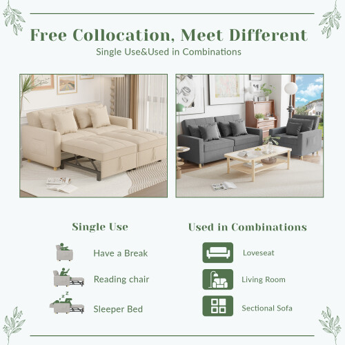 (Beige) YODOLLA 3-in-1 Sofa Bed Double Sleeper Chair Bed 2