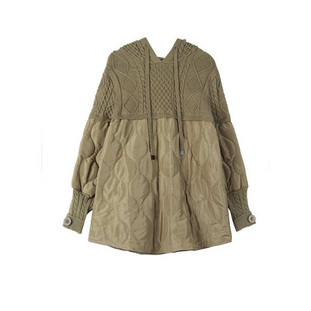 (tan, XL) Knitted Stitching Cotton-padded Jacket Women&apos;s Fashion Loose Casual Mid-length Hooded Sweater Quilted Jacket