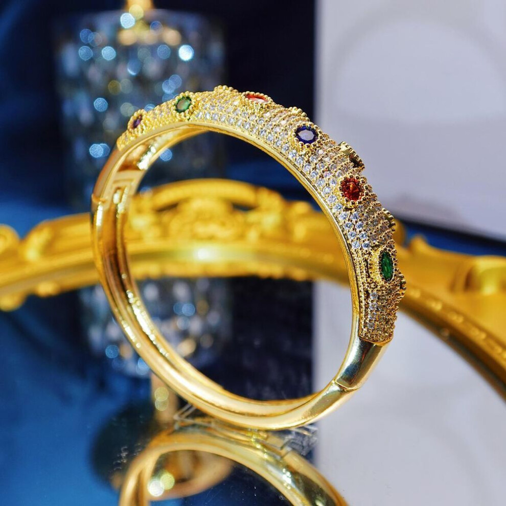 (gold) Wwj Super Luxurious Dubai Arab Colored Zirconia Bracelet Bangle Wedding Party Woman Royal Palace Golden Jewelry