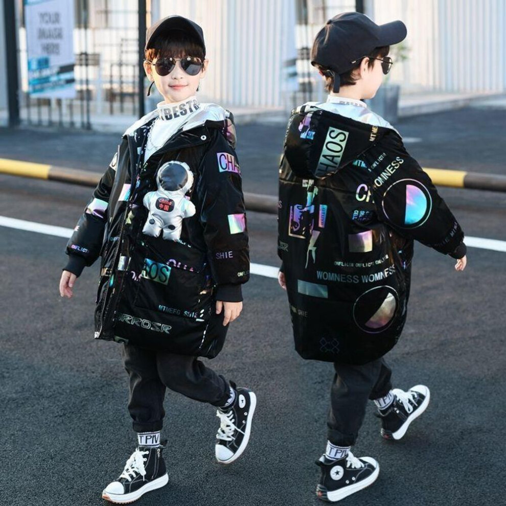 (black, 120) Children&apos;s Plus Size Outdoor Paike Coat Winter Cute Plus Velvet Thick Long Hooded Coat