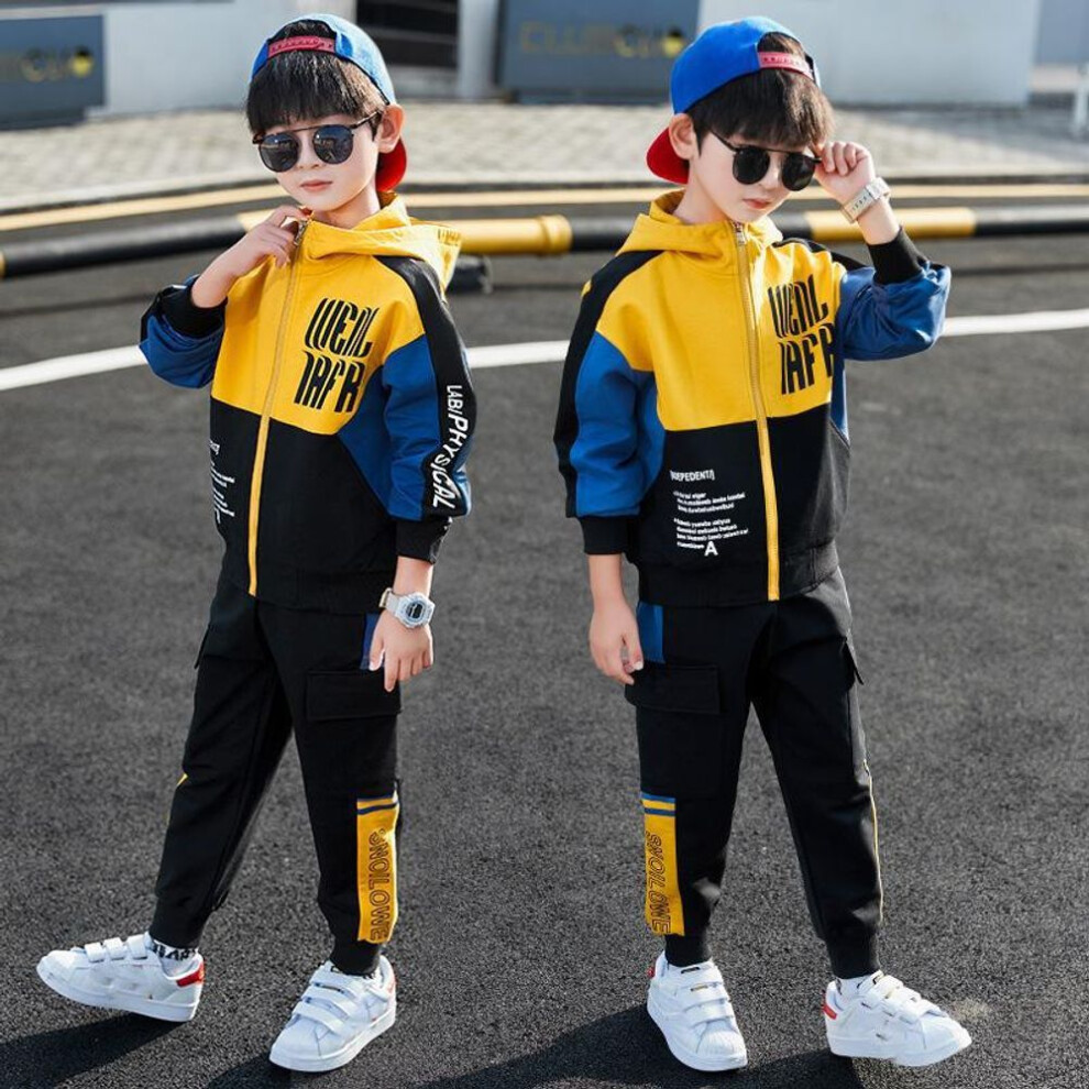 (yellow, 130cm) Autumn Child Tracksuit Hooded Clothes Boys Sport Suit Teen Kids Cotton Casual Zipper Hoodies + Striped Pants