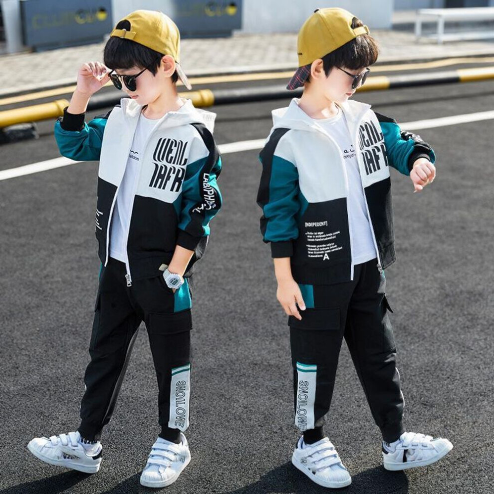 (white, 150cm) Autumn Child Tracksuit Hooded Clothes Boys Sport Suit Teen Kids Cotton Casual Zipper Hoodies + Striped Pants