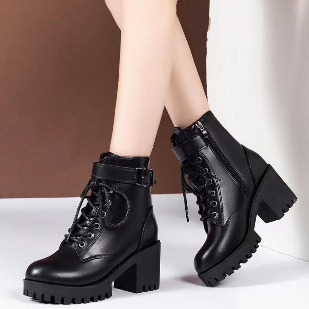(black, 40) Autumn Lace-up Round Head Buckle Thick-soled Short Tube Women&apos;s British Style Fashion Trend Boots