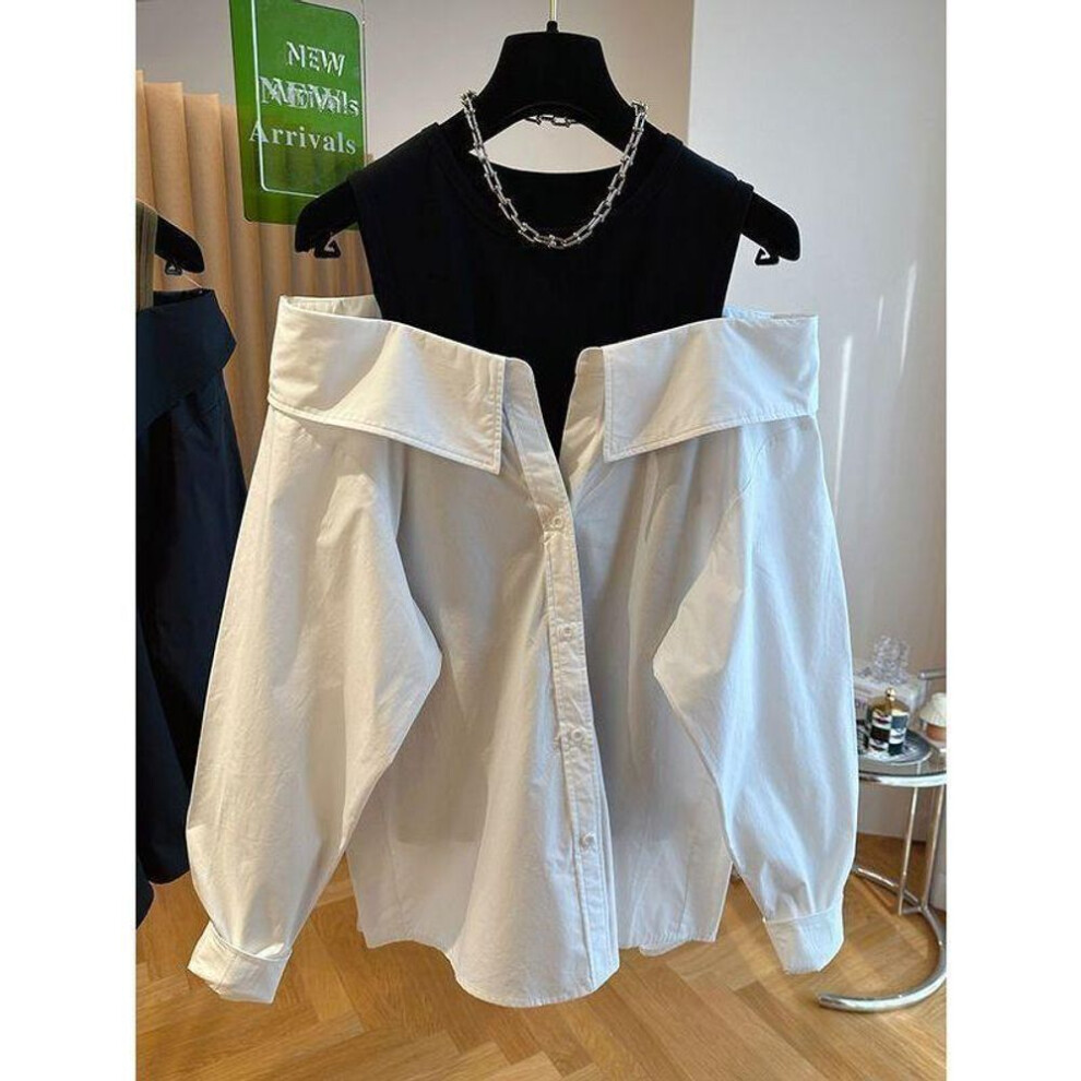 (XXL, white) Off The Shoulder Blouses Women Slim And Loose Tank Top Spliced Long Sleeve Shirts Autumn Round Neck Fashion Shirts Women Top