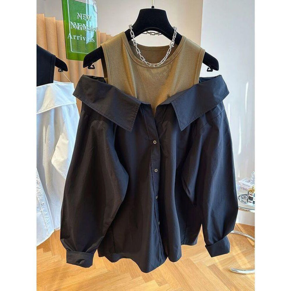 (XXXL, black) Off the Shoulder Blouses Women Slim and Loose Tank Top Spliced Long Sleeve Shirts Autumn Round Neck Fashion Shirts Women Top