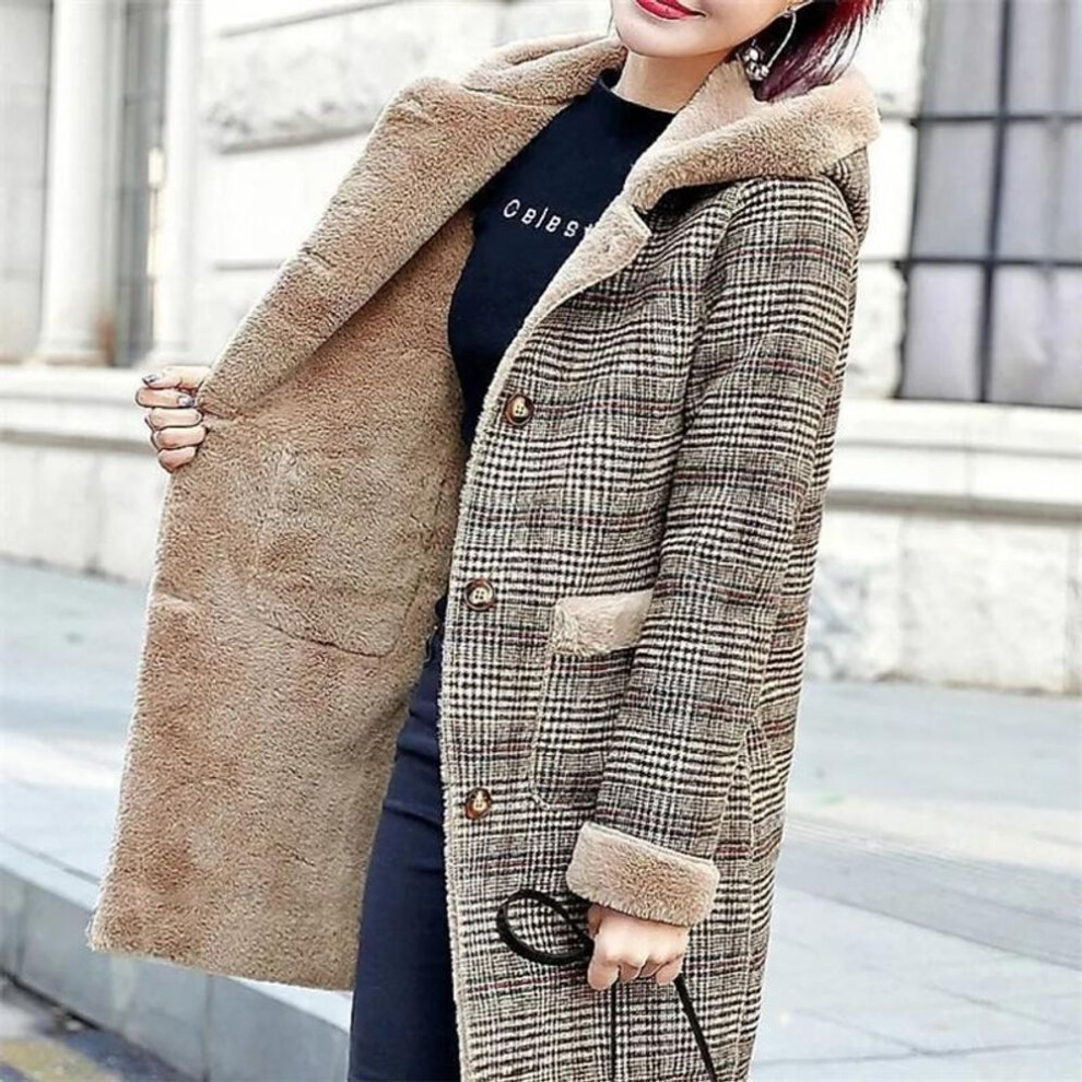 (as the picture, S) Danmo Women&apos;s Plaid Woolen Coat Thick Velvet Thickened Warm Mid-Long Jackets Hooded Warm Woolen coat Ladies Winter Jacket Faux Fur Coat