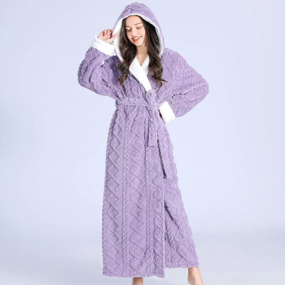 (M, purple) Danmo Loose Long Thick Bath Robe Hooded Winter Thick Women Bathrobe Flannel Terry Warm Comfortable Sleepwear for Female Dressing Gown