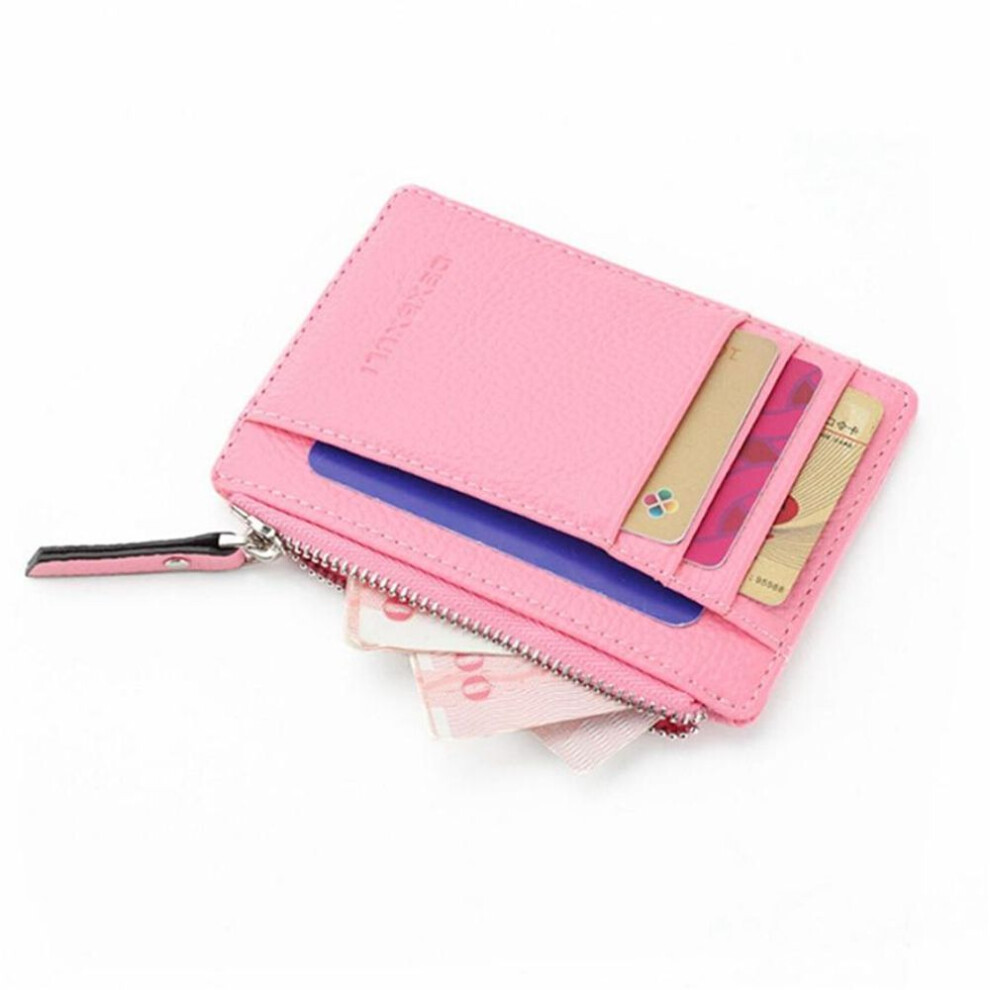 (pink) Ladies Simple Zipper Small Wallet Mini Coin Purse PU Leather Card Holder