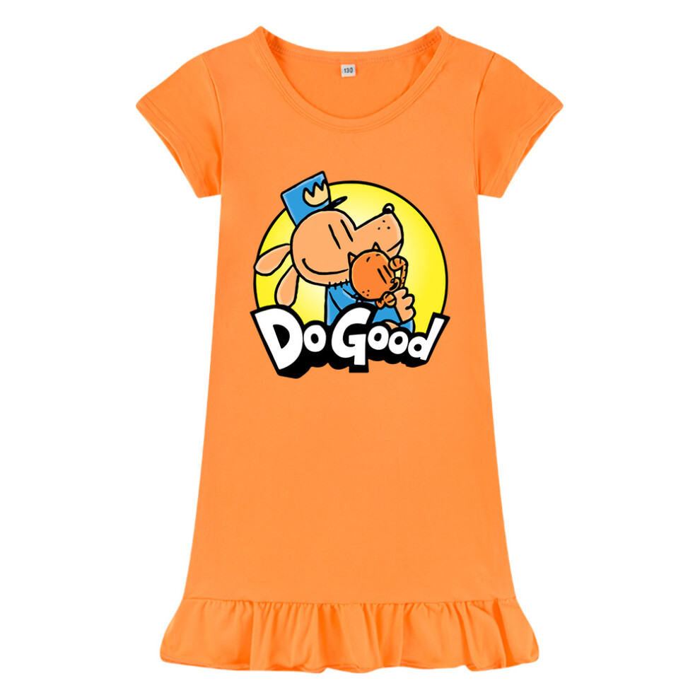 (Orange, Child 140cm) Dogman Nightdress Teen Girl Dress Cartoon Sleepwear Pyjamas Cotton Cool Summer