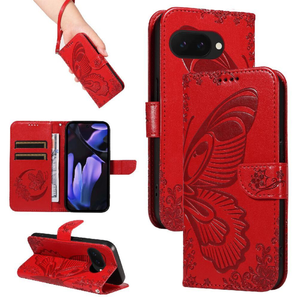 (Red) Flip Case For Google Pixel 9A High Quality Leathe Red 764549369140