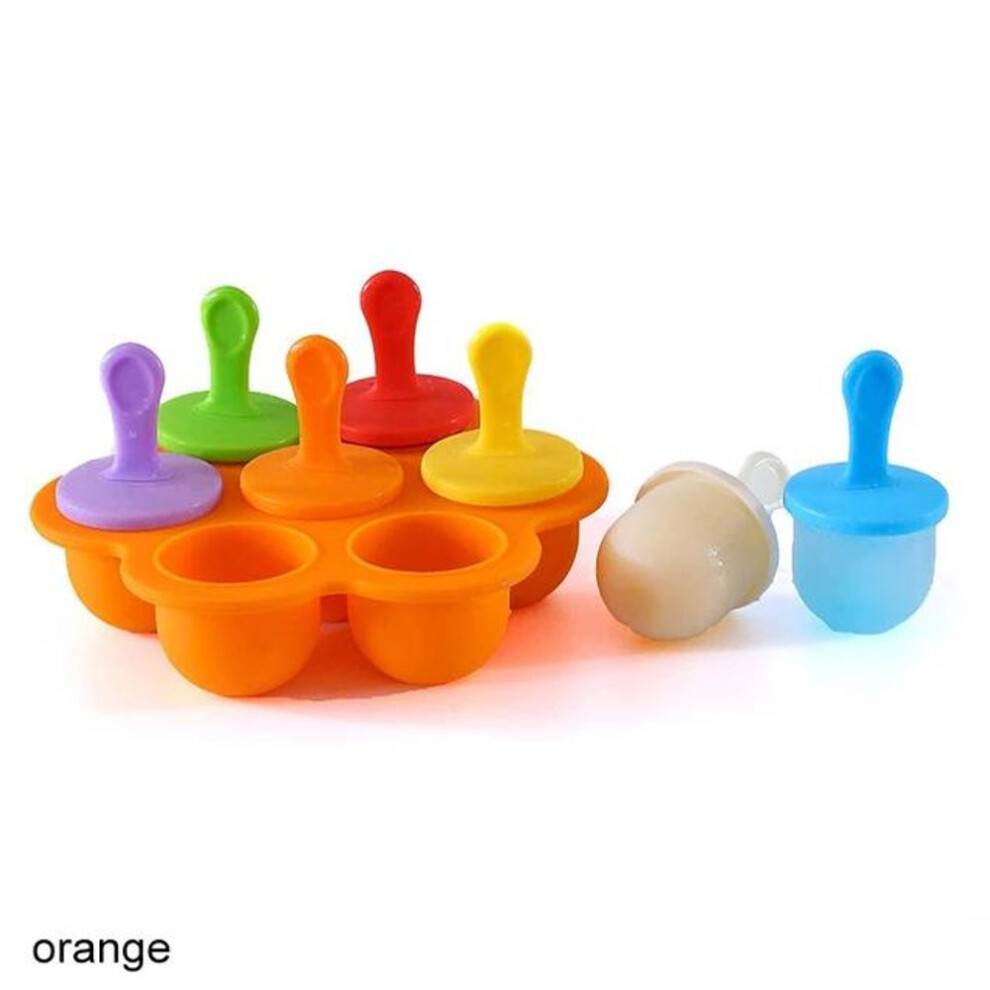 (orange) 7 Grids Diy Ice Cream Popsicle Silicone Mold Ice Ball Maker Popsicles Molds Baby Fruit Shake Home Kitchen Accessories Tool