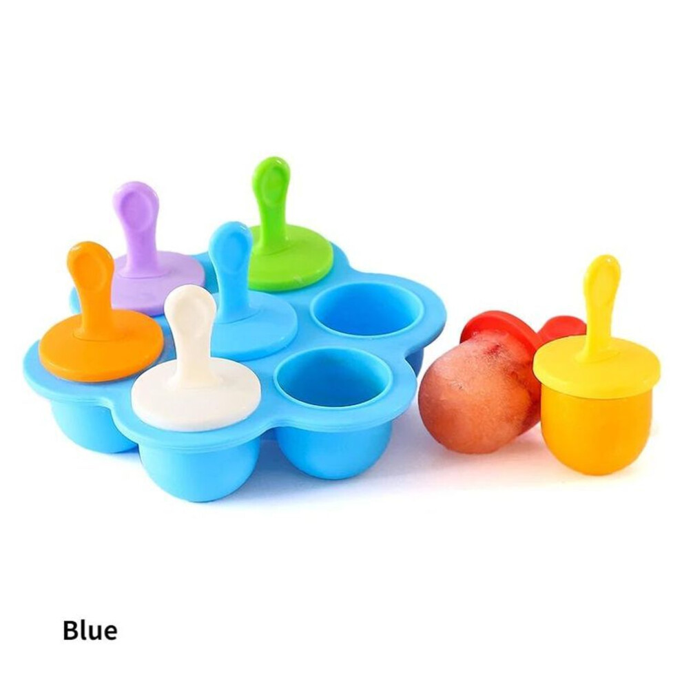 (blue) 7 Grids Diy Ice Cream Popsicle Silicone Mold Ice Ball Maker Popsicles Molds Baby Fruit Shake Home Kitchen Accessories Tool