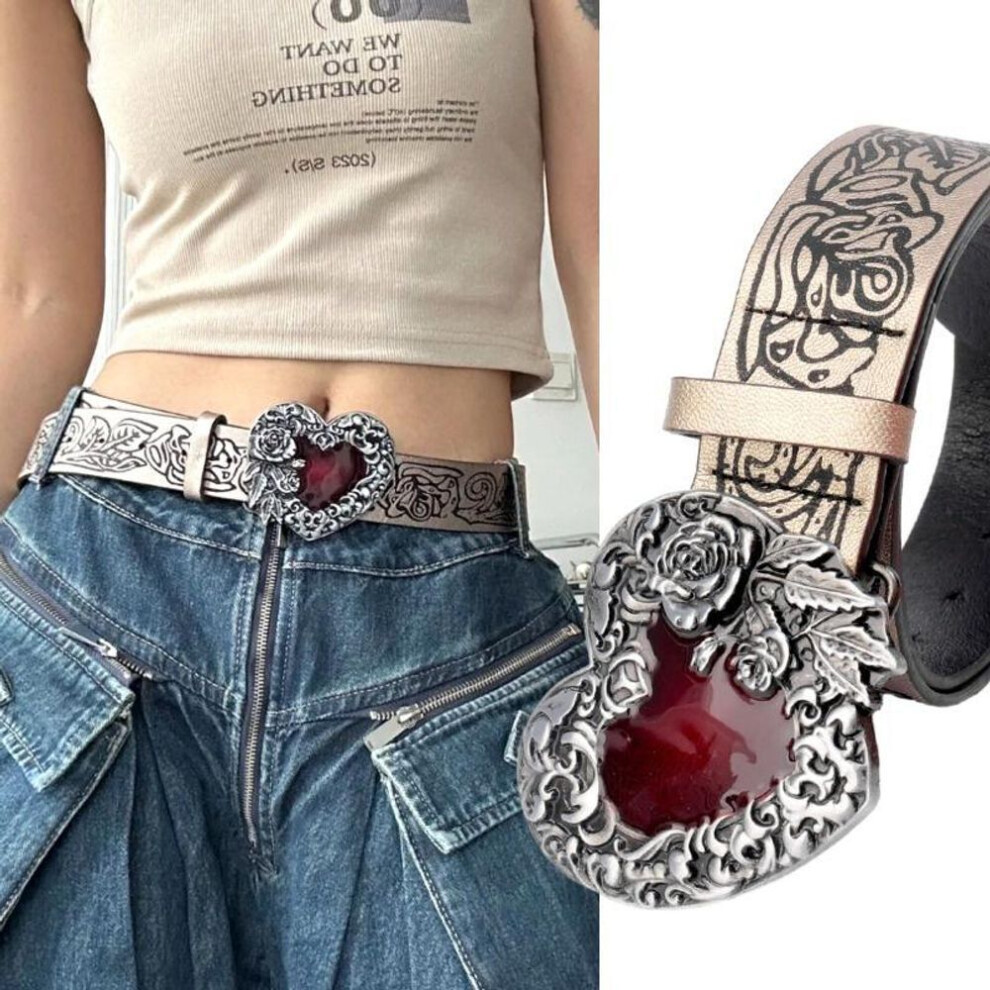Gothic Punk Leather Y2K Belt For Women Metal Red Peach Heart Buckle Waist Strap Jeans Decorative Waistband Accessories