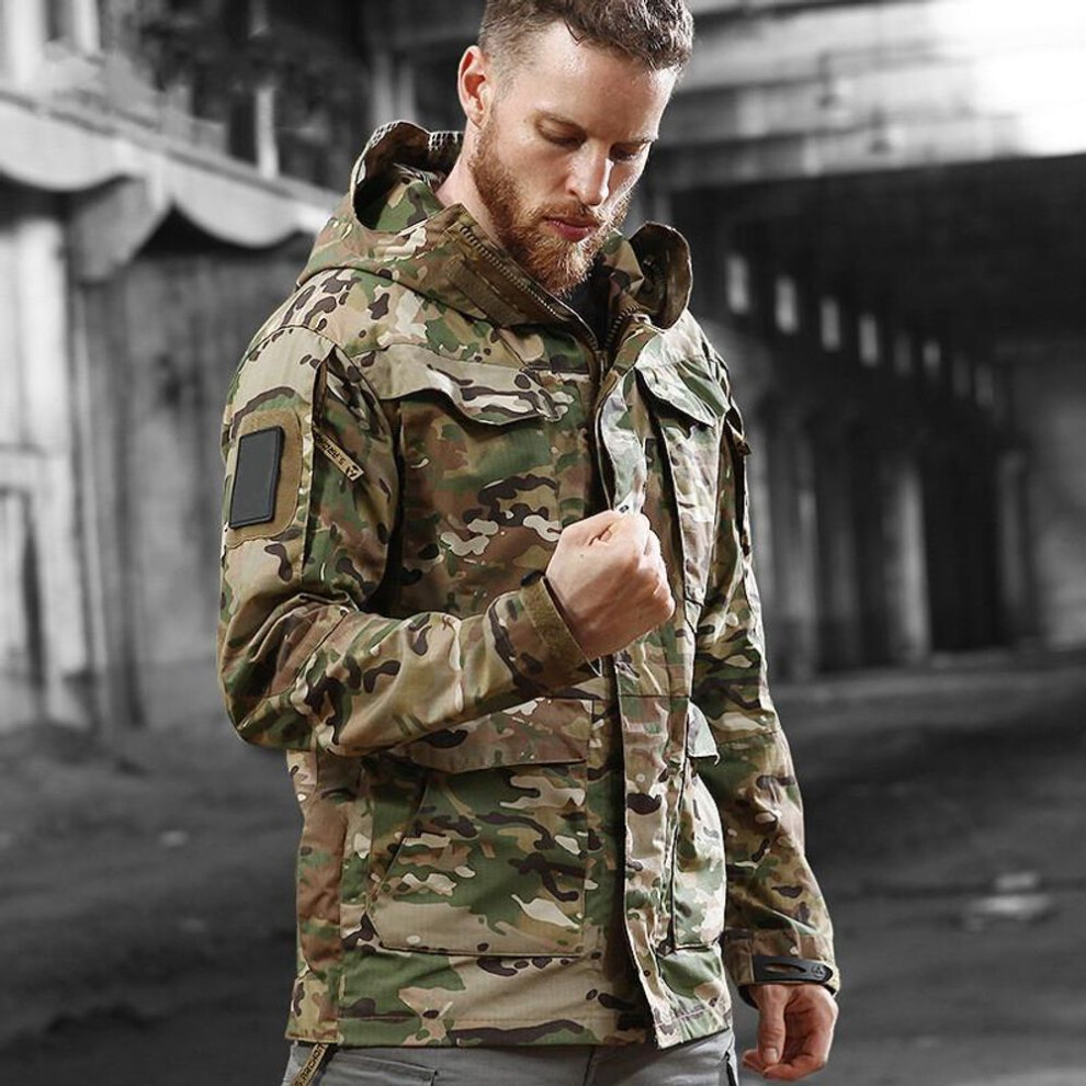 (camouflage, XL) Men&apos;s Spring Long Jacket Hooded Trench Us Field Hiking Jacket Outdoor Coats Waterproof Windbreaker