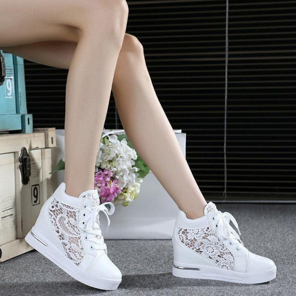 (white, 39) Summer Women Lace Casual Shoes Woman Breathable Mesh Sneakers Flats Lace Loafers High Heels Platform Wedges Ladies Creepers