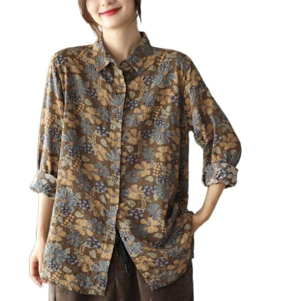 (XXXL, coffee) Literary Retro Printing Cotton Linen  Women Casual Fall Long-sleeved Shirt Floral Blouse Plus Size