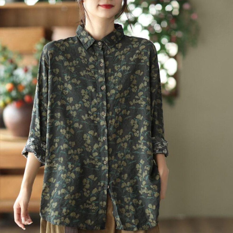 (L, dark green) Literary Retro Printing Cotton Linen  Women Casual Fall Long-sleeved Shirt Floral Blouse Plus Size