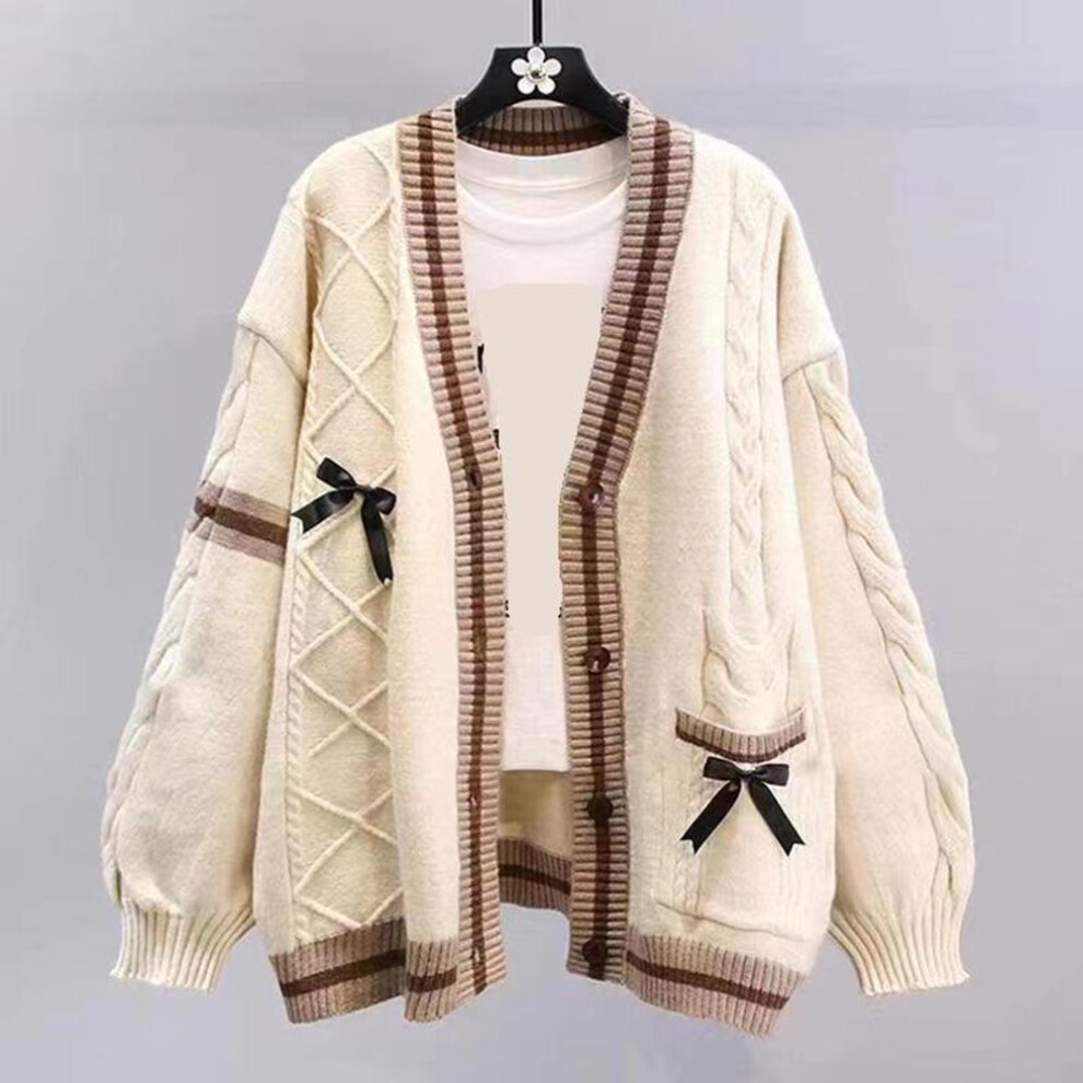 (One Size, khaki) Sweet Bow Knitted Cardigans Y2k Aesthetic All Match Contrast Color Coats Fashion Single Breasted Women Kawaii JK Sweaters Jumper