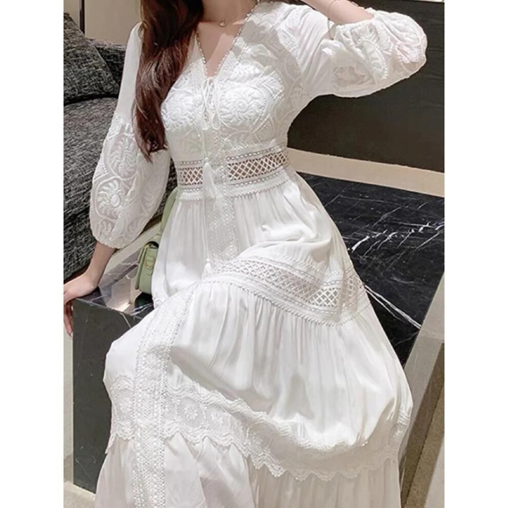 (white, L) White Long Dress Women Summer Boho Lace Dresses Female Beach Holiday Hollow Out Dress