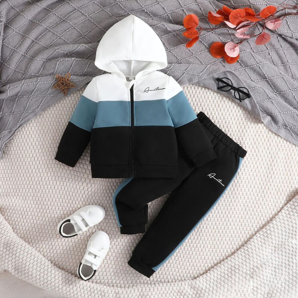 (blue, 90) Boys  Children Fashion Clothing Colorblock Coat Long Sleeve Sweatshirt Hoodie Outerwear Trousers Suit Plus Size
