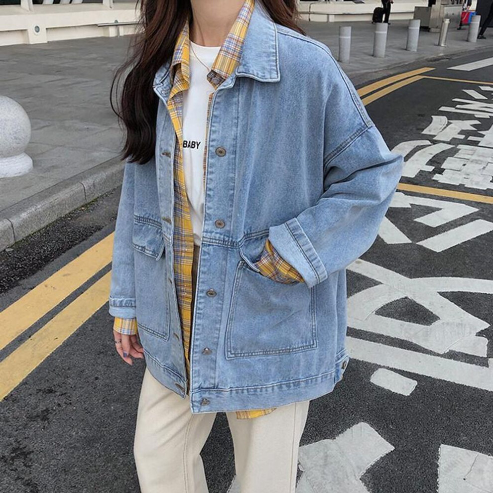 (blue, XL) Women&apos;s Loose Denim Jacket Autumn Women Long Sleeve Loose Female Girls Outwear Oversize Casual Jean Coats